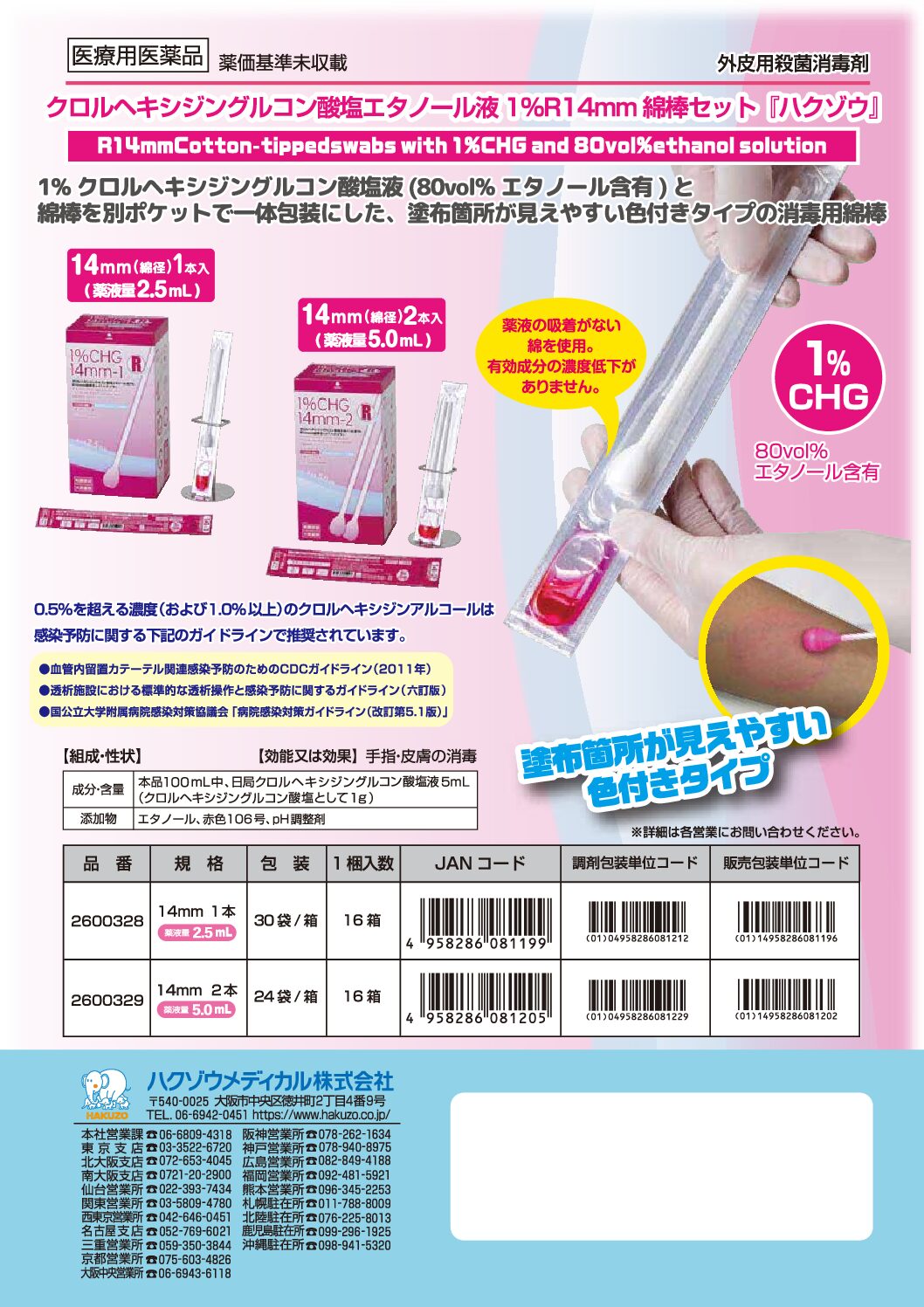 クロルヘキシジングルコン酸塩エタノール液1%R14mm綿棒セット[ハクゾウ]